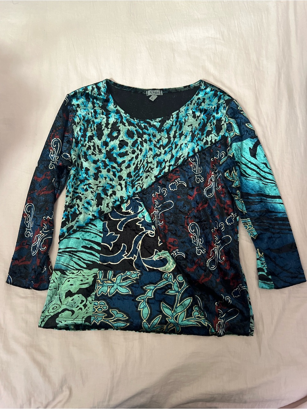 Vintage Teal Euro Inspired Multi Patchwork Velvet Long Sleeve Top